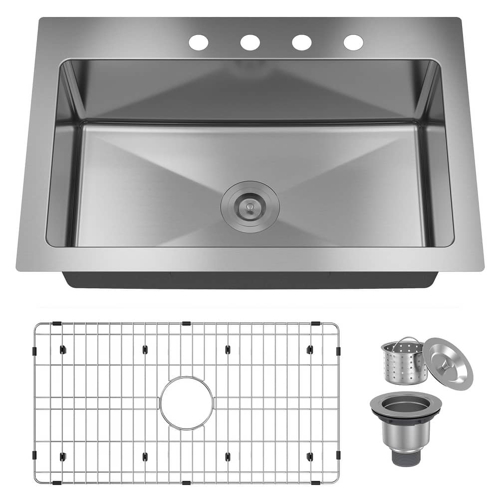 33 in. Drop-in Single Bowl 18 Gauge Brushed Stainless Steel Kitchen Sink with Bottom Grid and Basket Strainer, cUPC Certified