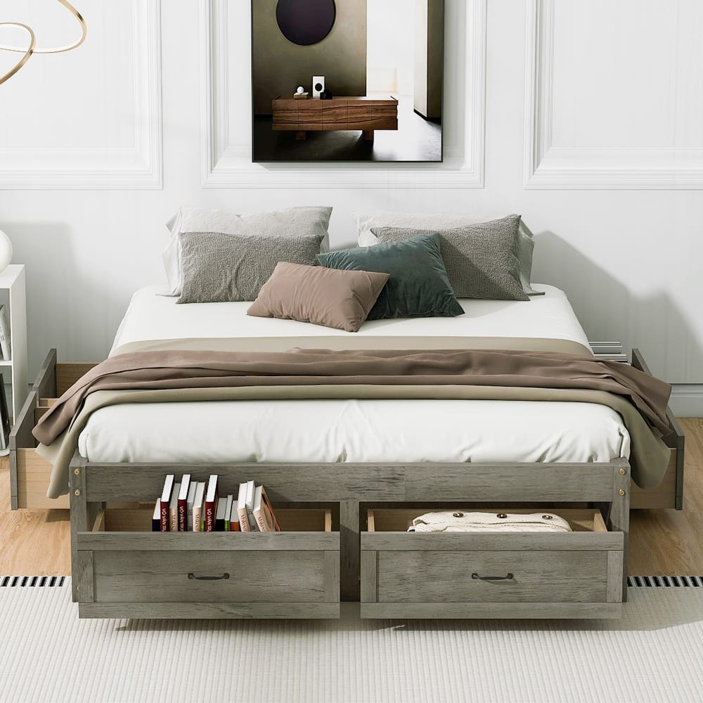 Full/Queen Size Platform Bed without Headboard, Wooden Storage Platform Bed Frame with 6 Drawers, Wood Slats Support