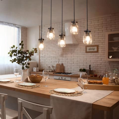 Flintun Modern Farmhouse 5-light Linear Chandelier Mason Jar Glass Rustic Chic Island Pendant Lights