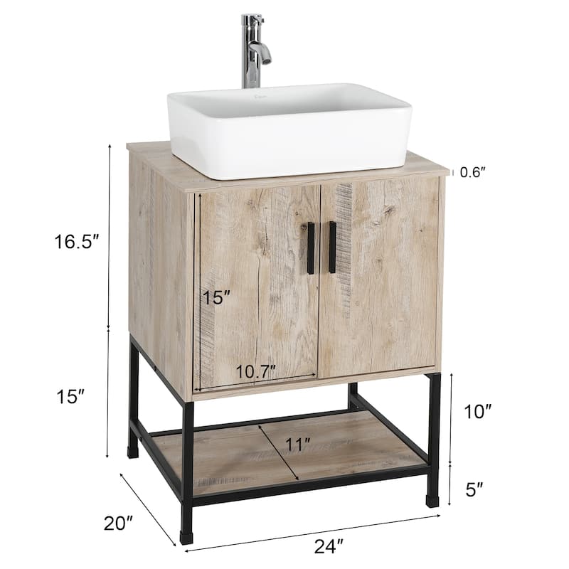 24" Bathroom Vanity Sink Combo Oak Cabinet Vanity Tempered Glass/Ceramic Sink