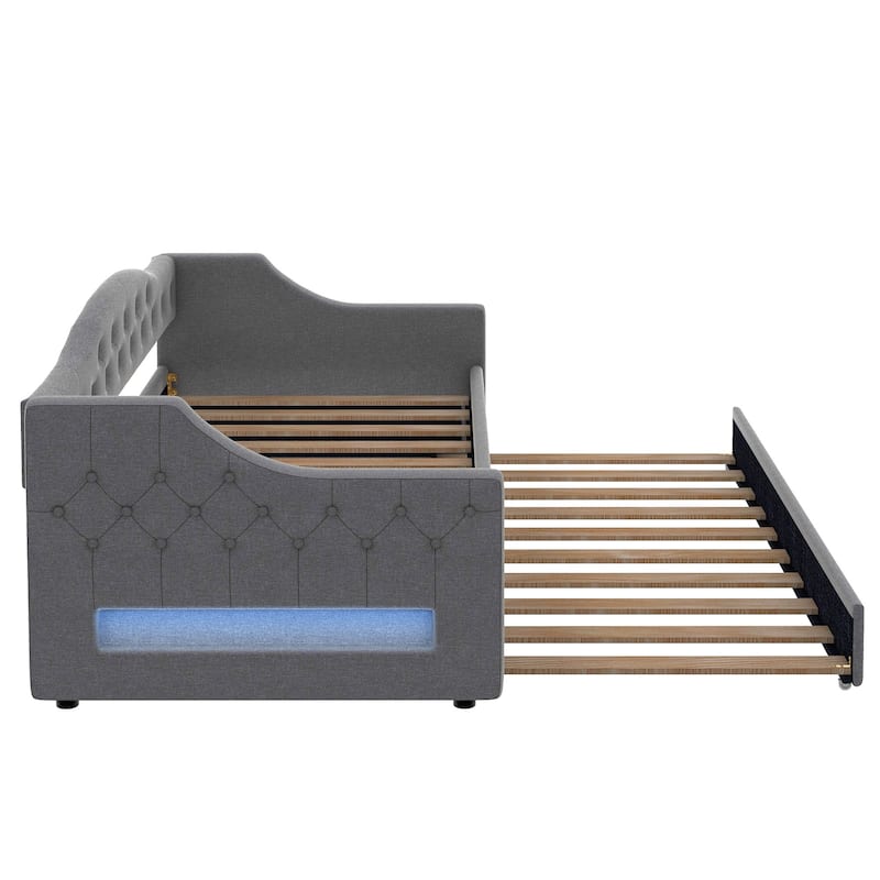 Linen Fabric Daybed Sofa Bed with LED Lights on Both Sides, Upholstered Tufted Platform Bed Frame with Trundle Bed