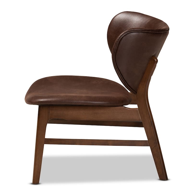 Marcos Mid-Century Modern Dark Brown Faux Leather Effect and Walnut Brown Finished Wood Living Room Accent Chair