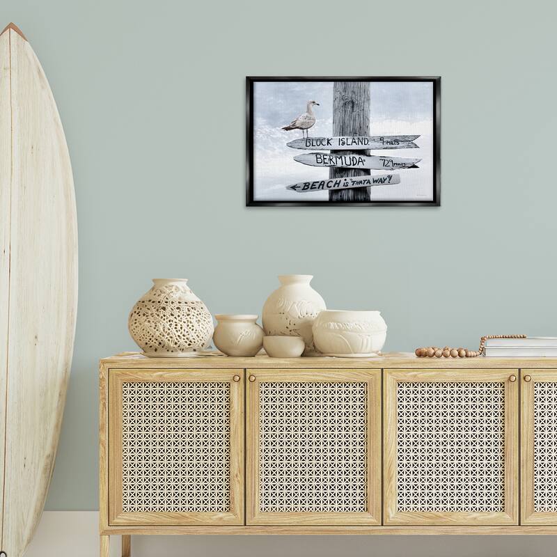 Stupell Vacation Beach Signs with Seagull Framed Floater Canvas Wall Art Design By Robin-Lee Viera