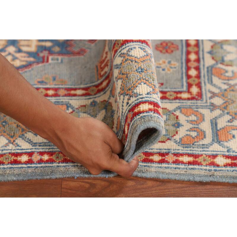 Geometric Blue Kazak Accent Rug Handmade Wool Carpet - 3'3" x 4'11"