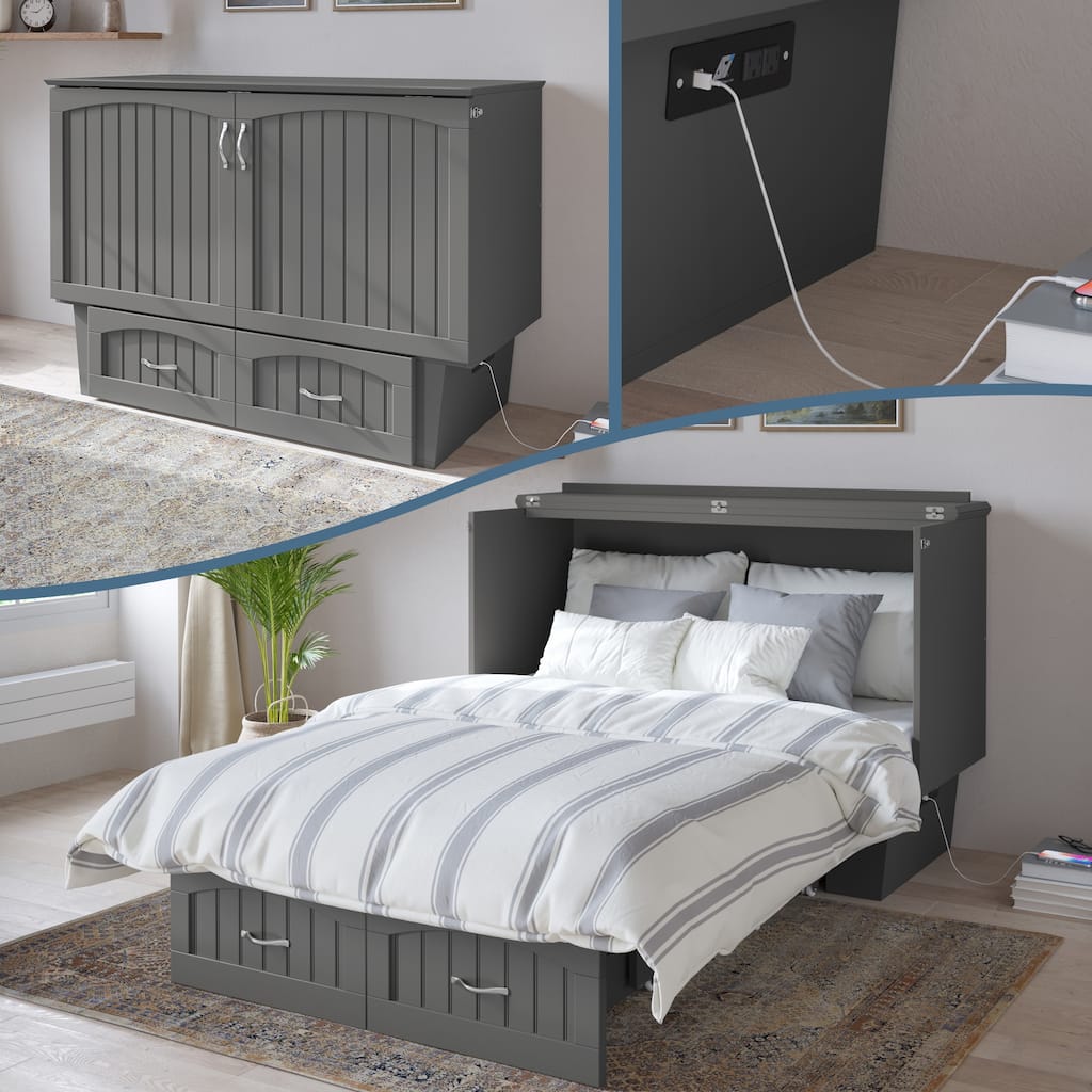 Nantucket Full Murphy Bed Chest with 6" Mattress, Storage Drawer & Built-In Charger in Grey