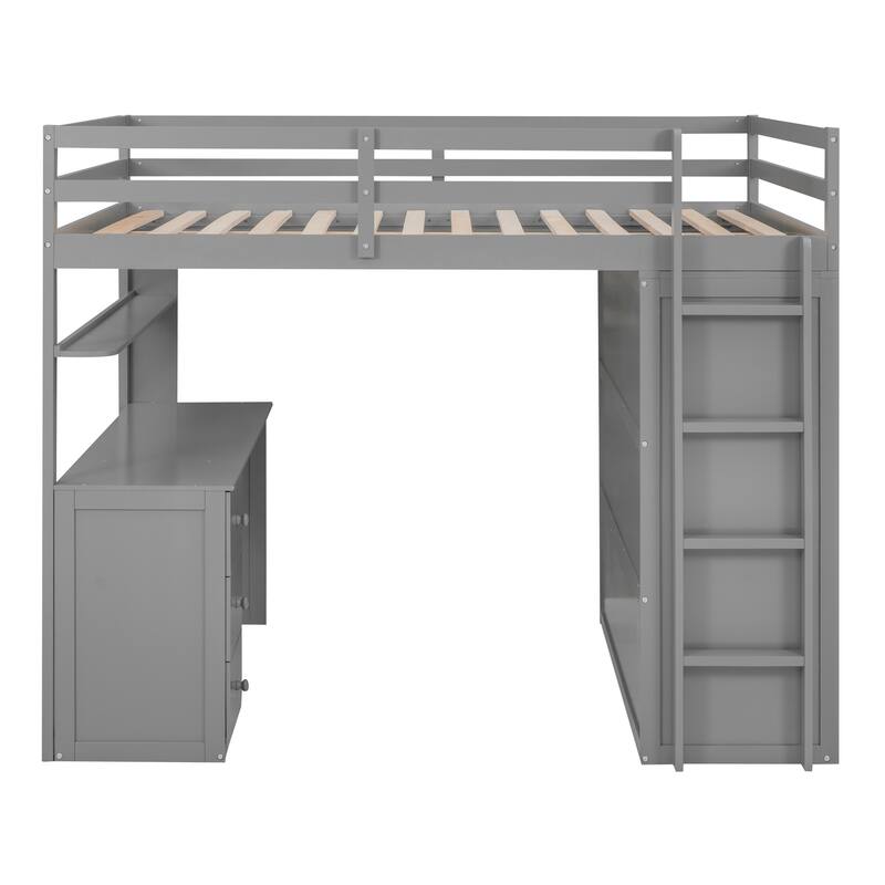 Multi-functional Pine Loft Bed with Desk, Wardrobe, Drawers, Shelves