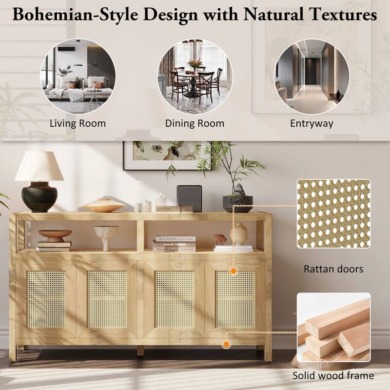 Rattan Buffet Storage Cabinet with Solid Wood Frame