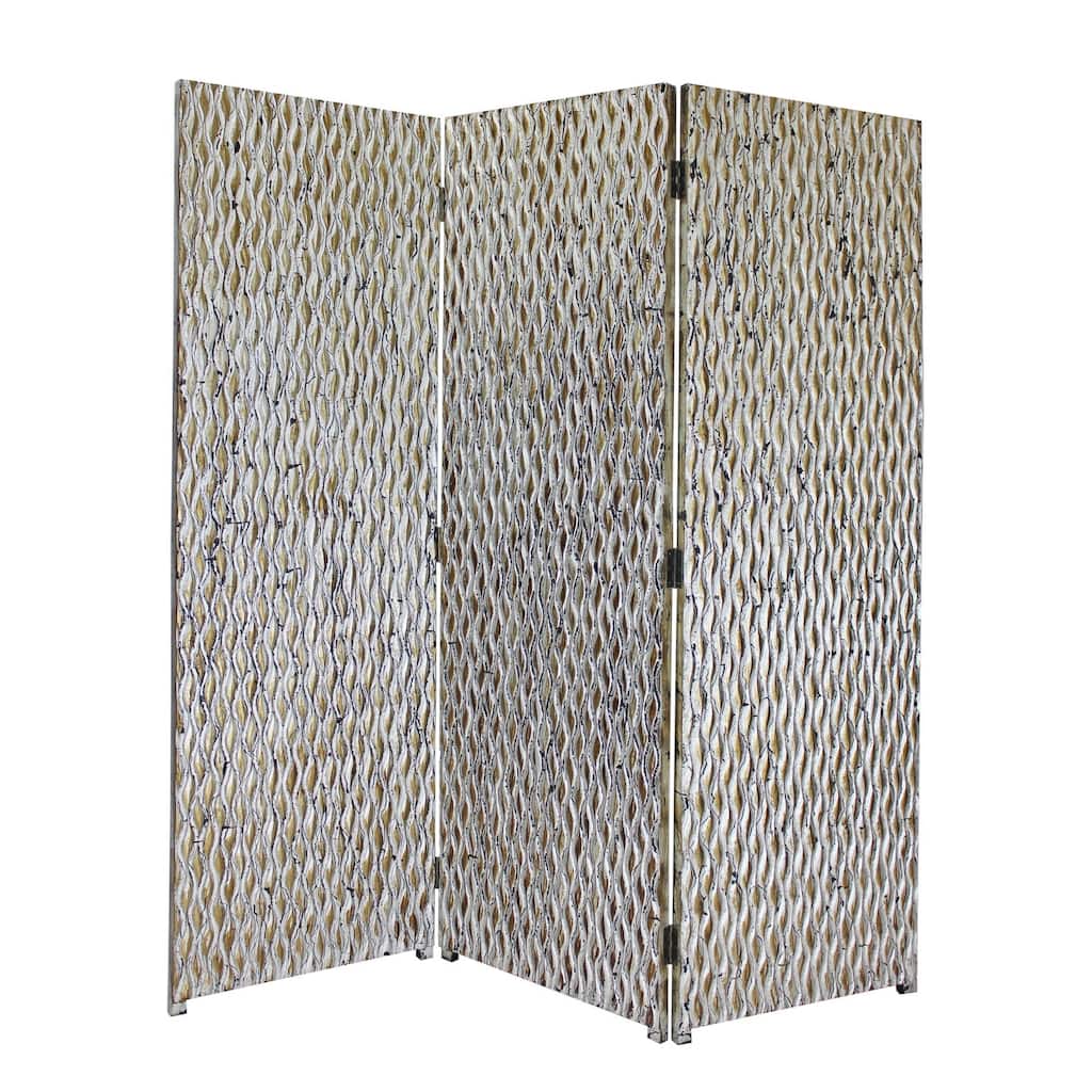 72 Inch 3 Panel Screen, Wood 3D Wavy Pattern, Distressed Gray, Black, Brown