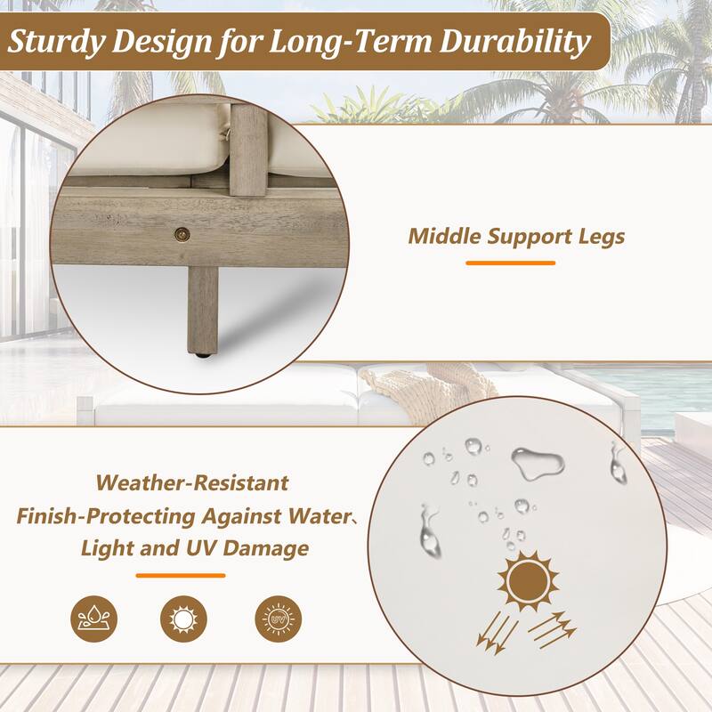 Outdoor Daybed, Patio Daybed with Four Pillows, Wooden Outdoor Bed with Curved Armrests for Poolside, Backyard, Garden