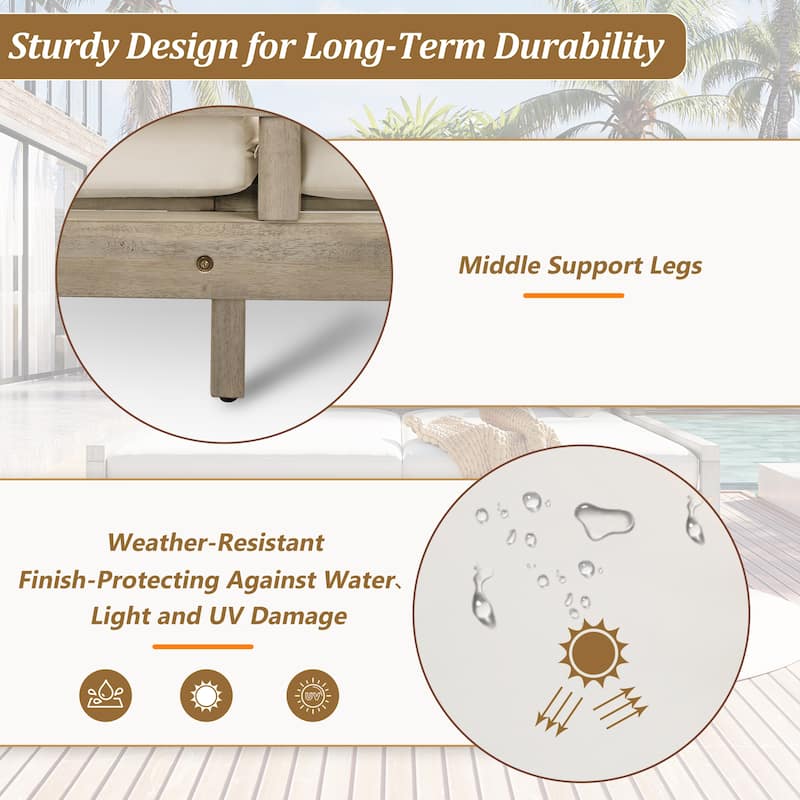 Outdoor Patio Acacia Wood Double Daybed Sunbed with Four Pillows