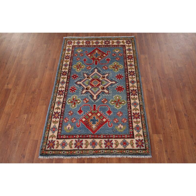 Light Blue Kazak Accent Rug Handmade Wool Carpet - 3'3" x 5'1"