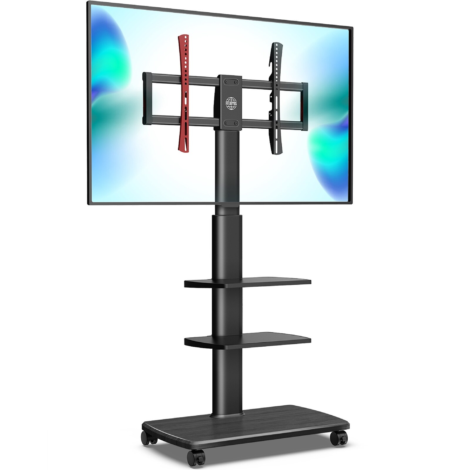 Walnut Rolling Wood TV Stand with Swivel Mount Height Adjustable for 32-65 Inch 