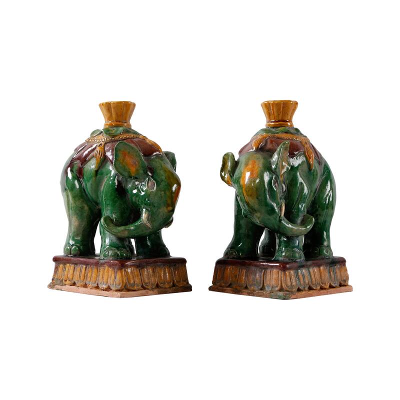 Artissance 9" Three Color Pair of Elephant Candle Holder - Brown/Green