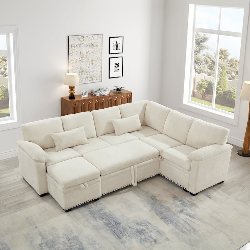 L-Shaped Chenille Sectional Sofa with Pull-Out Bed, Upholstered Convertible 7-Seater Sofa with Storage Ottoman & 2 Pillows - Beige