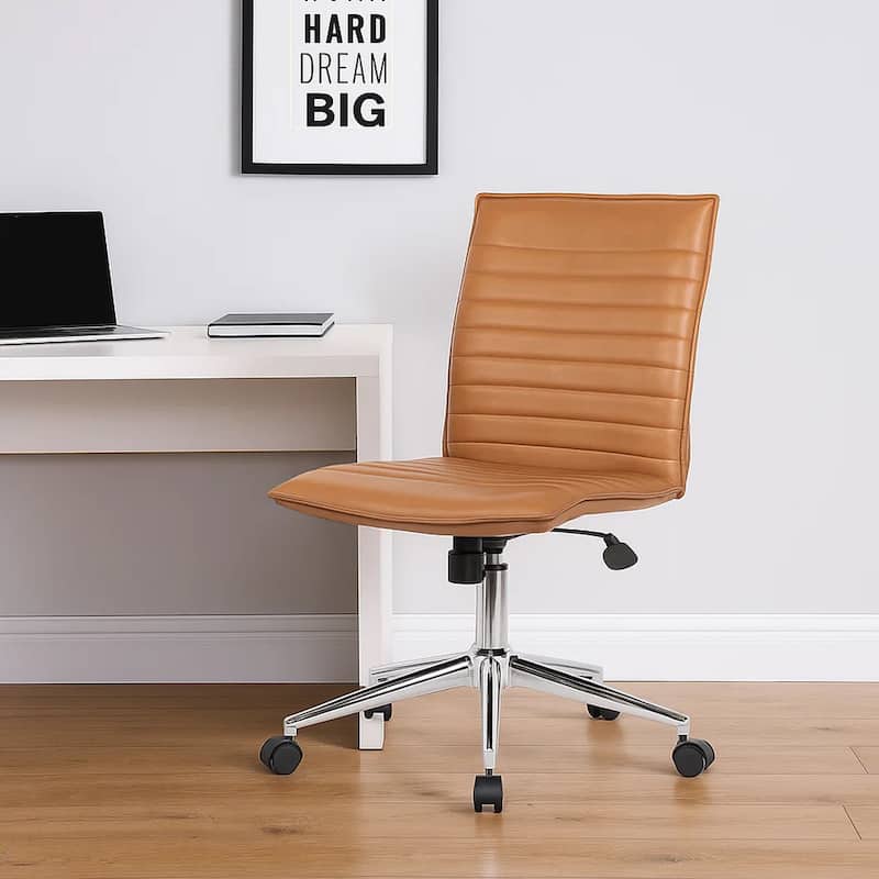 Haily Rolling Armless Commercial Grade Chair with Chrome Base, Caramel Brown Vinyl