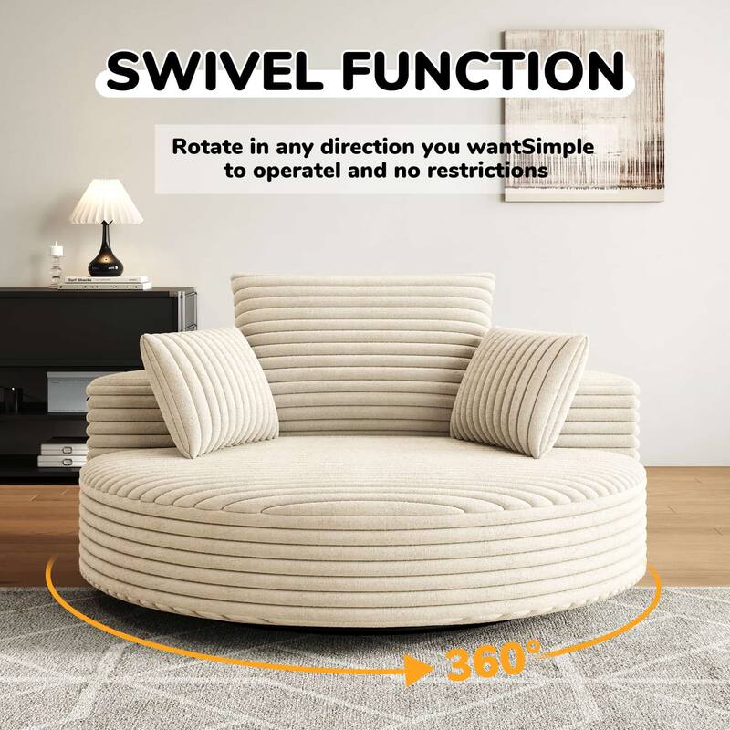 55'' L Corduroy Round Single Swivel Chair, Chaise Lounge with Pillows