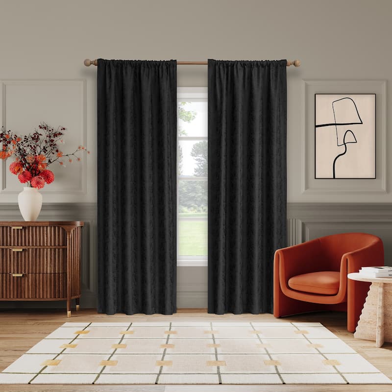 Sun Zero Bronte Floral Jacquard Total Blackout Rod Pocket 1-Piece Curtain Panel, Single Panel