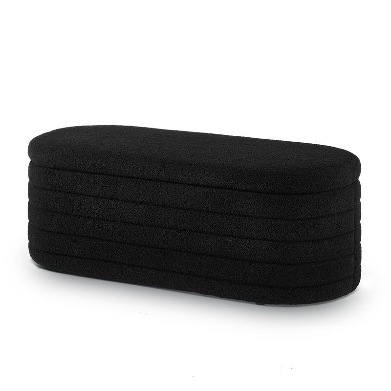 Modern Oval Storage Ottoman Bench, Upholstered Boucle Teddy Fabric Bench with Storage