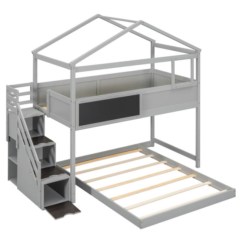 House-Shaped Twin over Full Bunk Bed with Blackboard and Storage, Gray