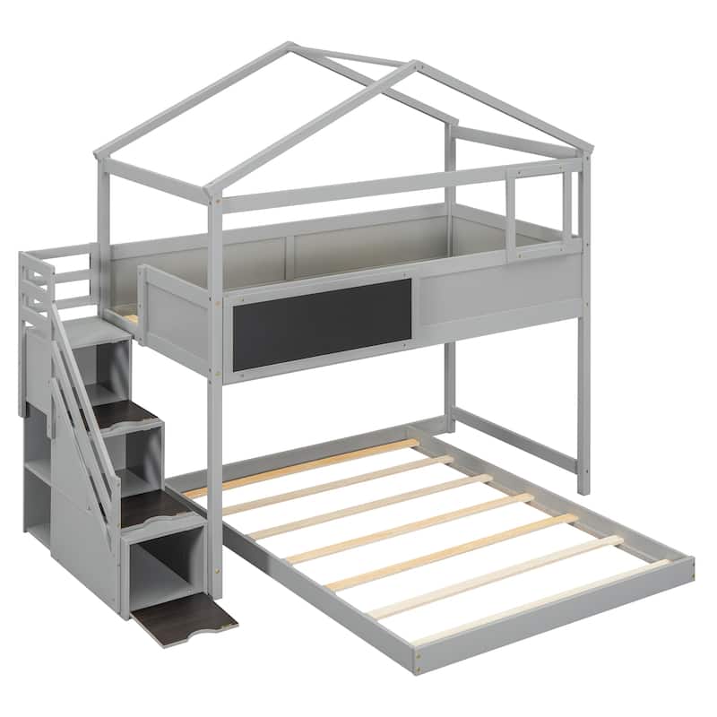 Twin Over Full Bunk Bed with Fun House Design, Storage Stairs, and Blackboard, Ideal for Kids' Rooms