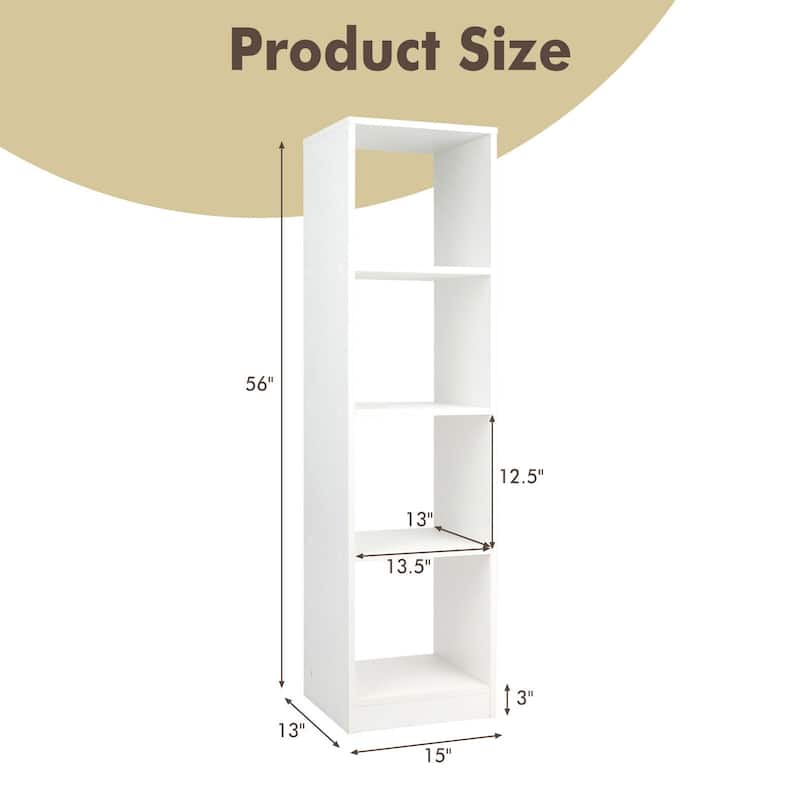 White Engineered Wood Space-Saving Narrow 5-Tier White Bookcase with 4 Cubes Storage Shelf - 15" x 13" x 56" (L x W x H)