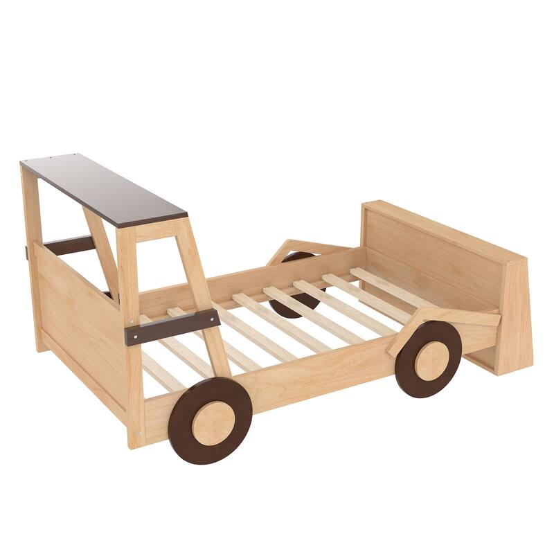Twin Size Car Bed with Storage Shelves - Kids Platform Bed, Cute Car Shape, Childlike Design
