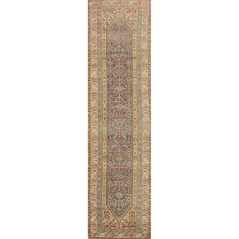 Hand Knotted Oriental 100% Wool Carpet Traditional Geometric Navy Blue & Blues Malayer Runner Rug - 15' 10'' X 3' 1''