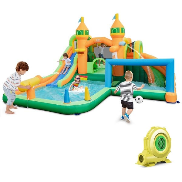 slide 2 of 10, Gymax Kids Inflatable Water Slide Park w/735W Blower Basketball Rim Kids