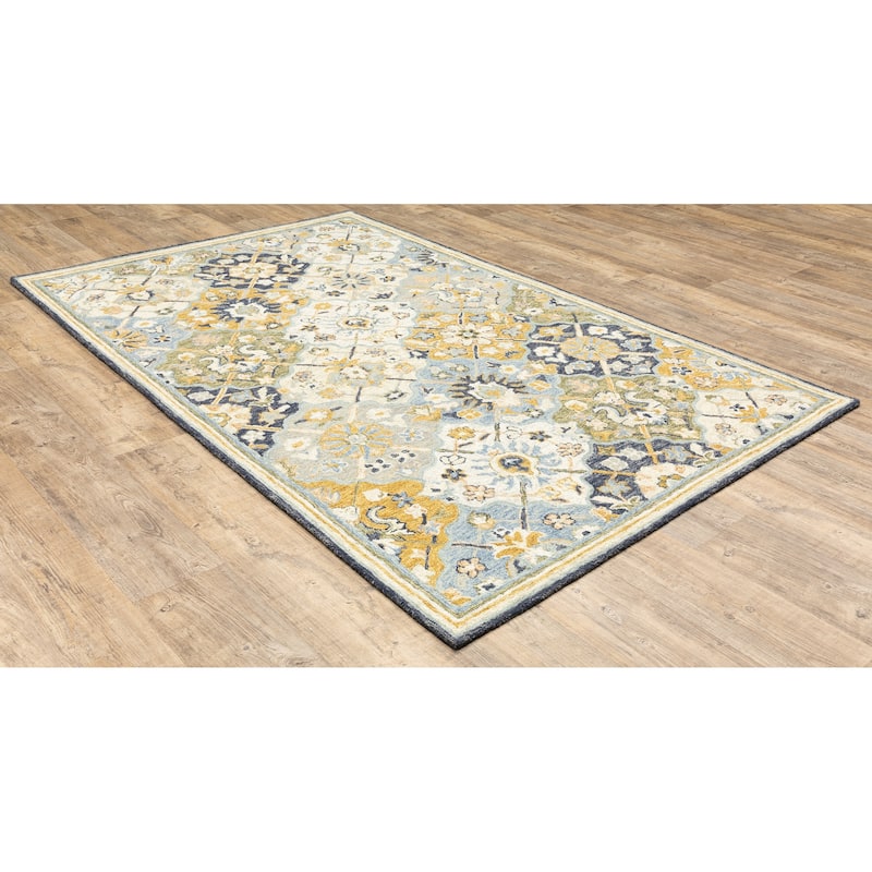 Agen Blue Gold Hand-Tufted Wool Geometric Floral Casual Area Rug