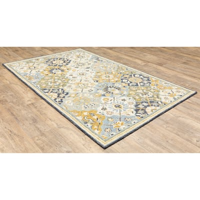 Agen Blue Gold Hand-Tufted Wool Geometric Floral Casual Area Rug