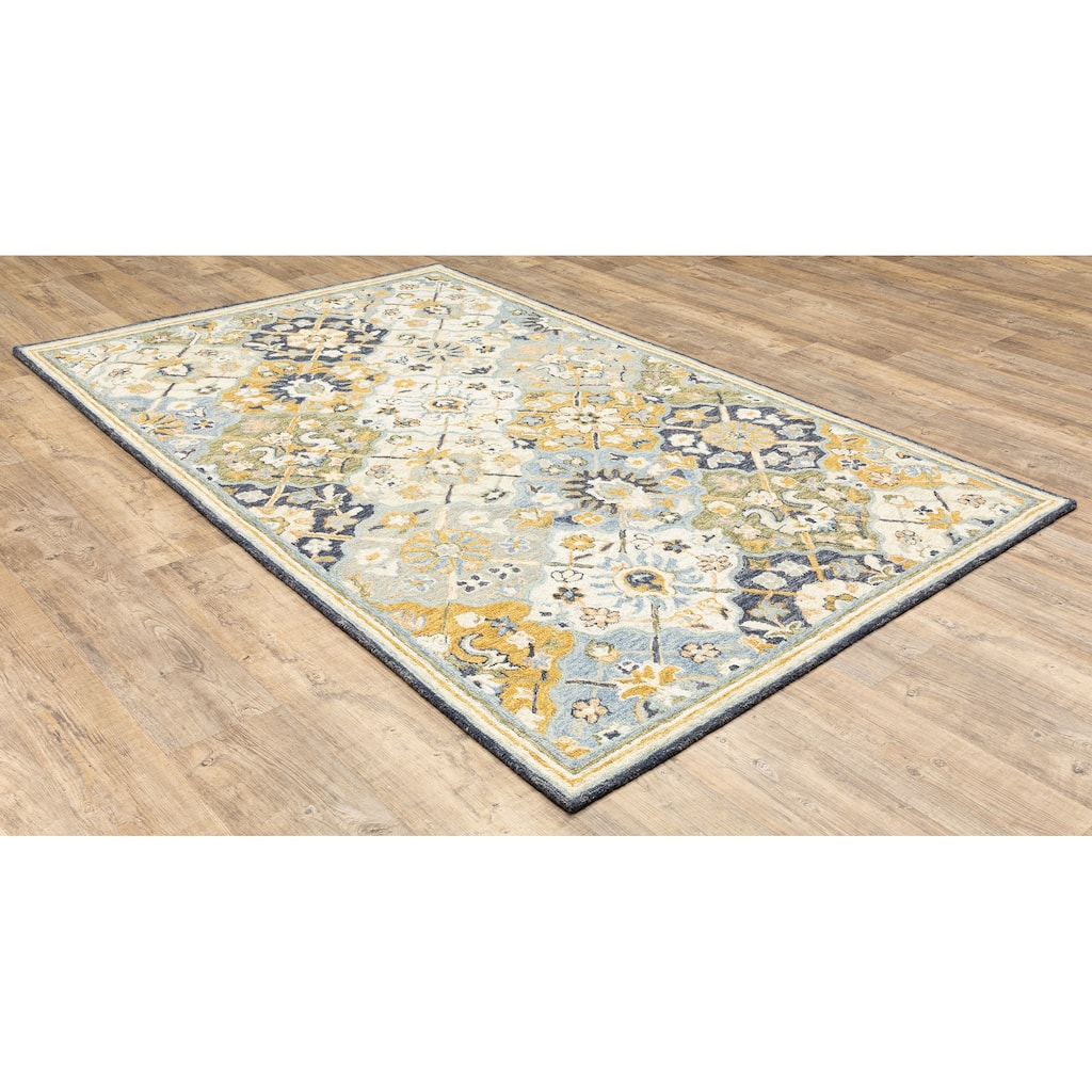 Agen Blue Gold Hand-Tufted Wool Geometric Floral Casual Area Rug
