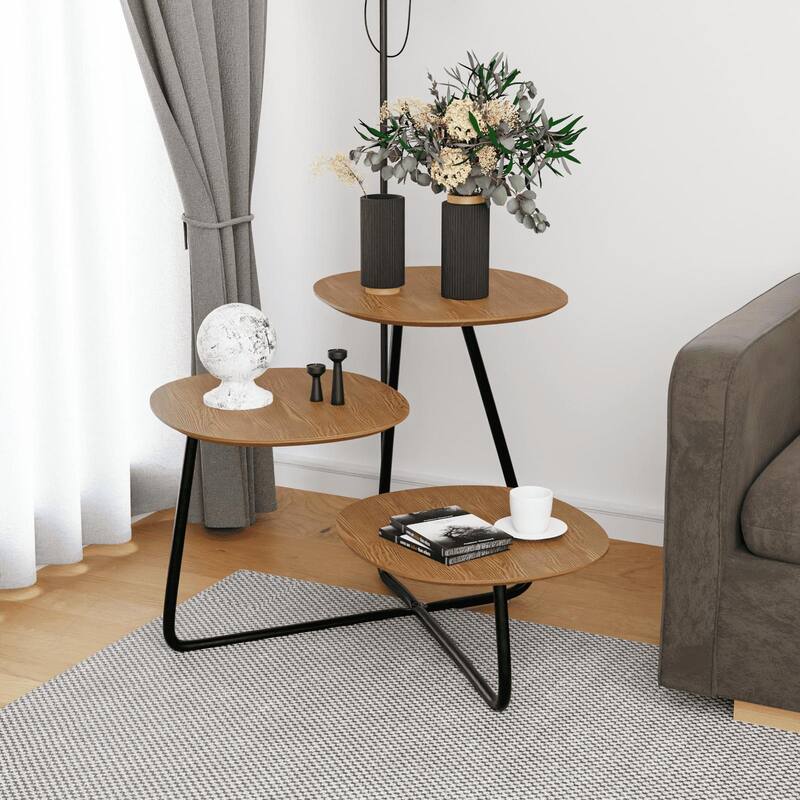Hazelton Modern Multi Shelves Side Table MDF Wood Tabletop and Stanless Steel Frame Accent End Tables - Walnut
