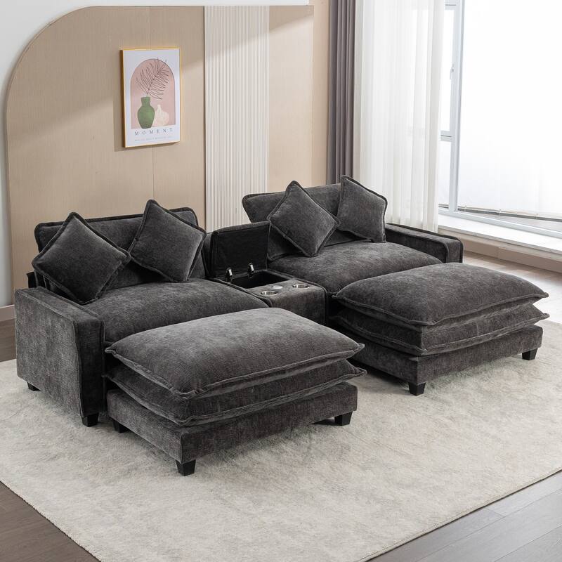111" Grey Chenille Sectional Sofa with 2 Removable Ottomans, USB Ports, Cup Holders & Storage Box