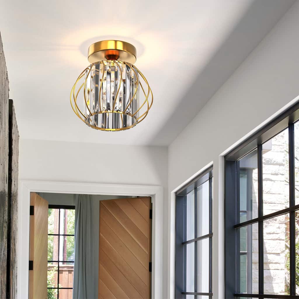 YANSUN Single-Head Semi-Flush Mount Light, Antique Copper Finish, Metal and Crystal, Non-Integrated, No Bulb Included