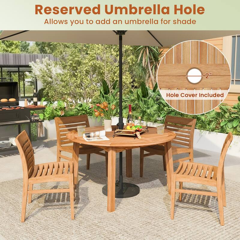 Gymax Round Patio Dining Table Acacia Wood Outdoor Dining Table w/ 2''