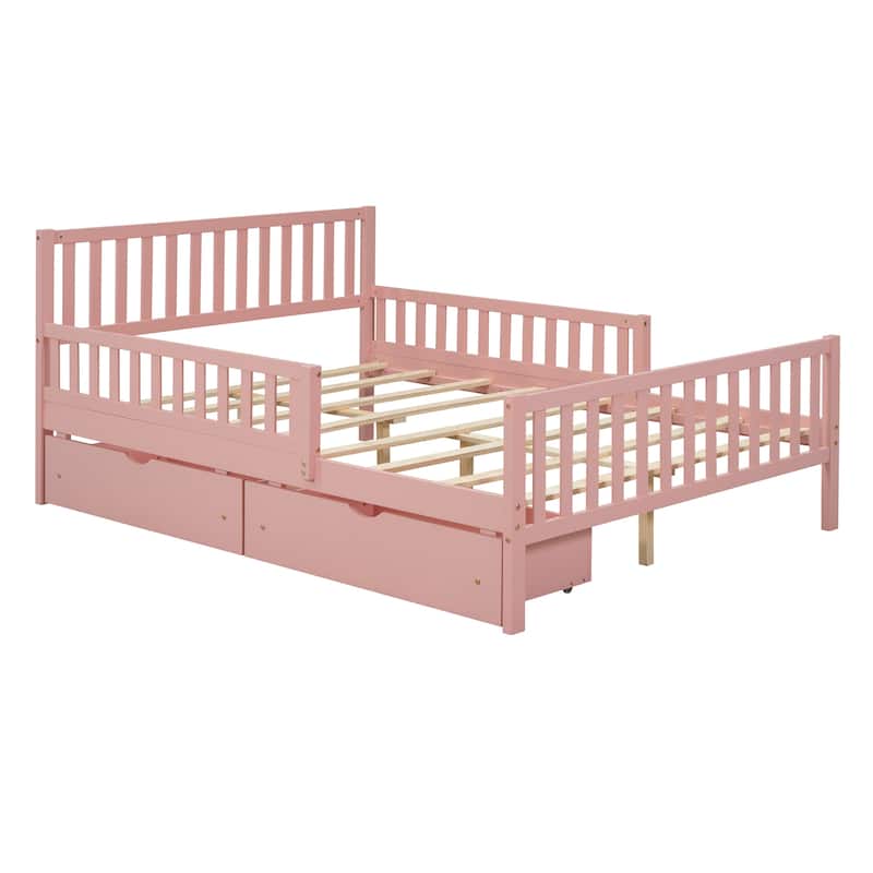 Full Size Pink Wood Platform Bed with Guardrails and Two Storage Drawers