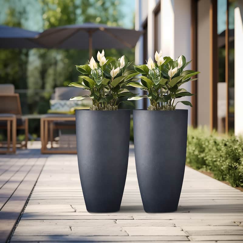 Tall Concrete Round Plant Pots / Large Indoor and Outdoor flower Planters - 2 Piece Set (13.5, 24 Inch Diameter) - Granite Gray