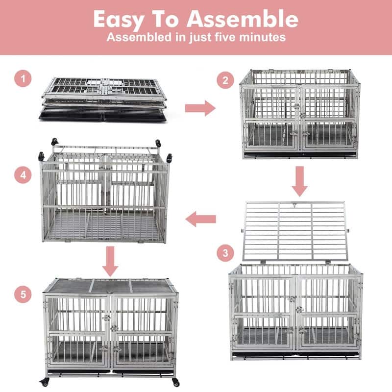 48 inch HeavyDuty Stainless Steel Dog Crate Indestructible Kennel with Wheels
