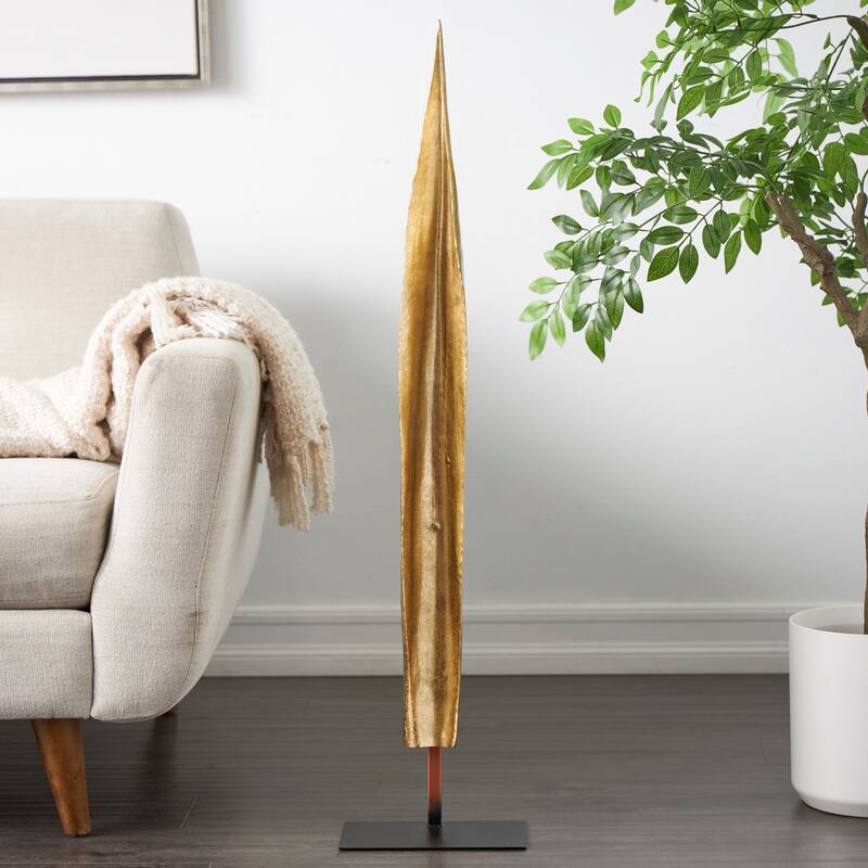 Gold Polystone Slim Abstract Leaf Sculpture with Black Metal Stand - Gold - 9"W, 39"H