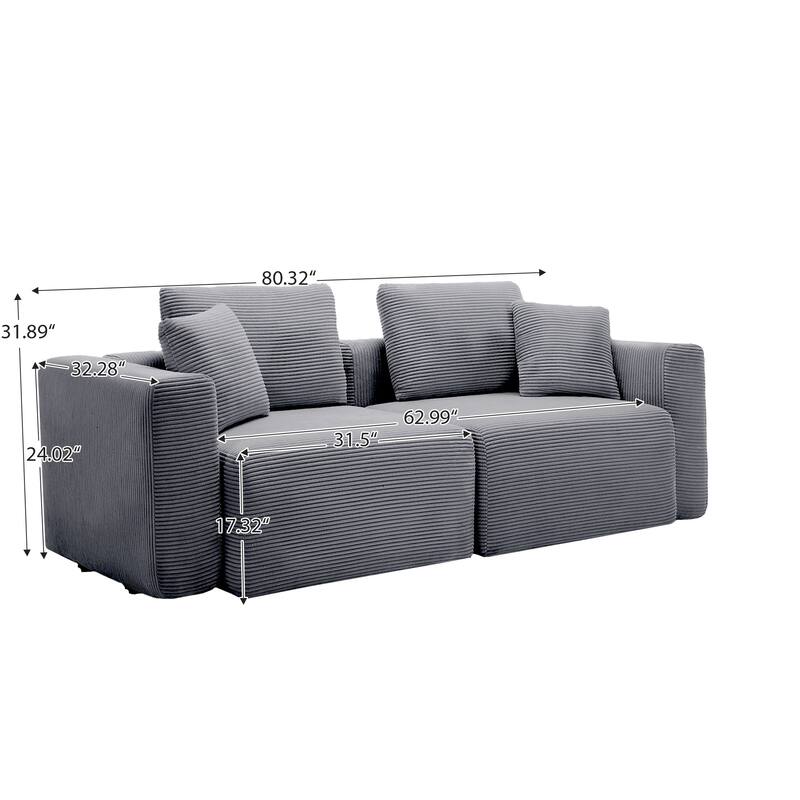 Corduroy Sectional Modular Sofa with Square Arms & Ottoman Extension for Flexible Arrangements