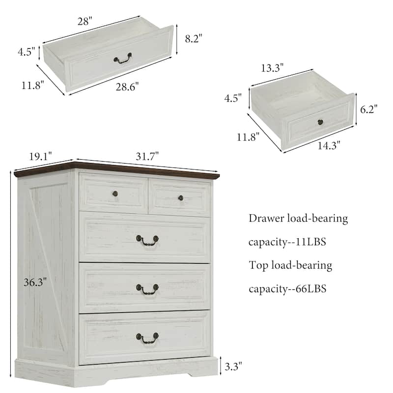Farmhouse 5-Drawer Chest with Anti-Tip Device, Rustic Wooden Dresser for Bedroom, 36.3" Tall Storage Cabinet