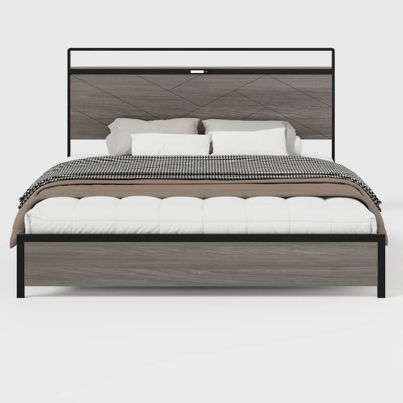 Platform Bed Metal Bed Frame with Wood Headboard Footboard, Headboard with Storage Rack, Touch Lamp, USB Ports, Antique Grey