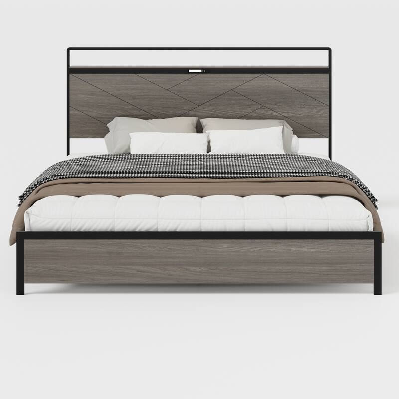 Roomfitters Wood Platform Bed Frame with Charging Station, Illuminated Headboard & Large Under-Bed Storage, Antique Grey