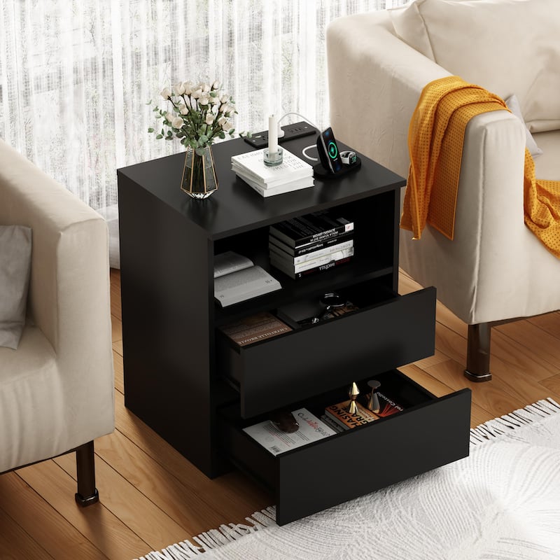 Nightstand with Charging Station, Sofa Side Table with Open Shelves & 2 Drawers, Large Capacity Wood Storage Cabinet