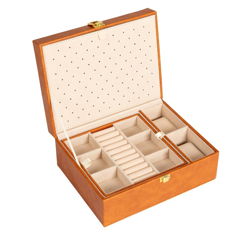 Household Essentials Vegan Leather 2-Layer Jewelry Organizer Box with Clasp Closure - 9.3"L x 7.3"W x 3.8"H
