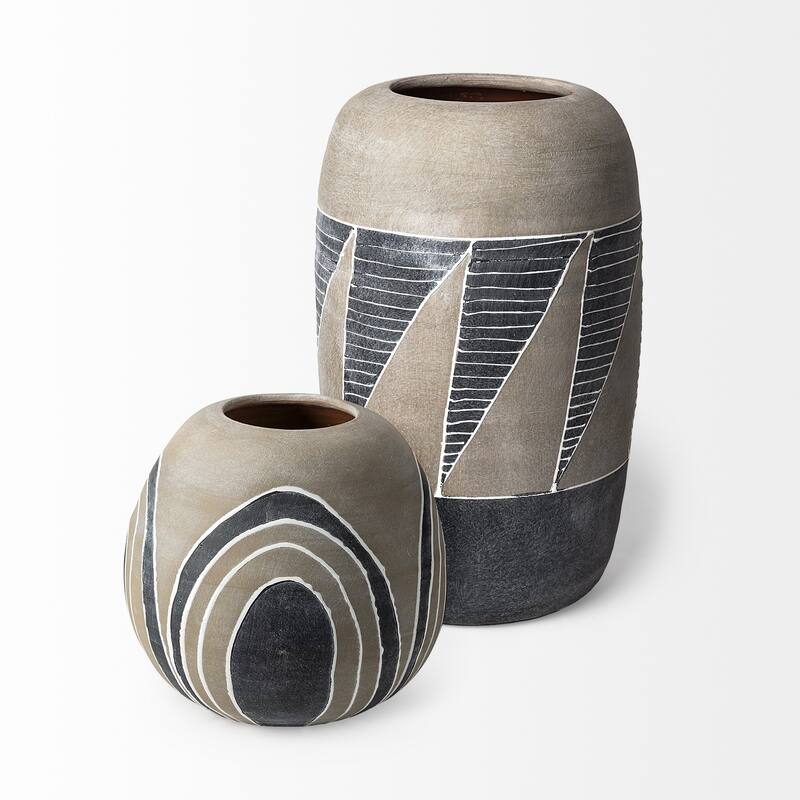 Brown Gray and White Arches Round Ceramic Vase - 10" W x 10" H x 10" D