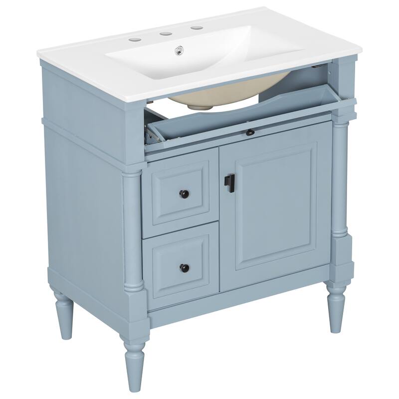 Roomfitters 30" Bathroom Vanity with Sink, Solid Wood Frame, Flip Drawer, 2 Drawers & Door Rack