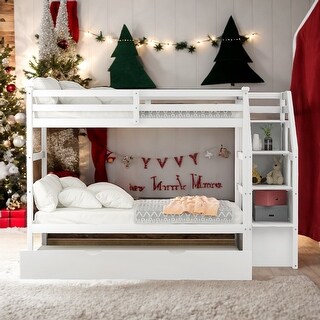 Functional Twin-Over-Twin Bunk Bed with Twin Size Trundle and 3 Storage Stairs, Flexible Settings and Convenient Use