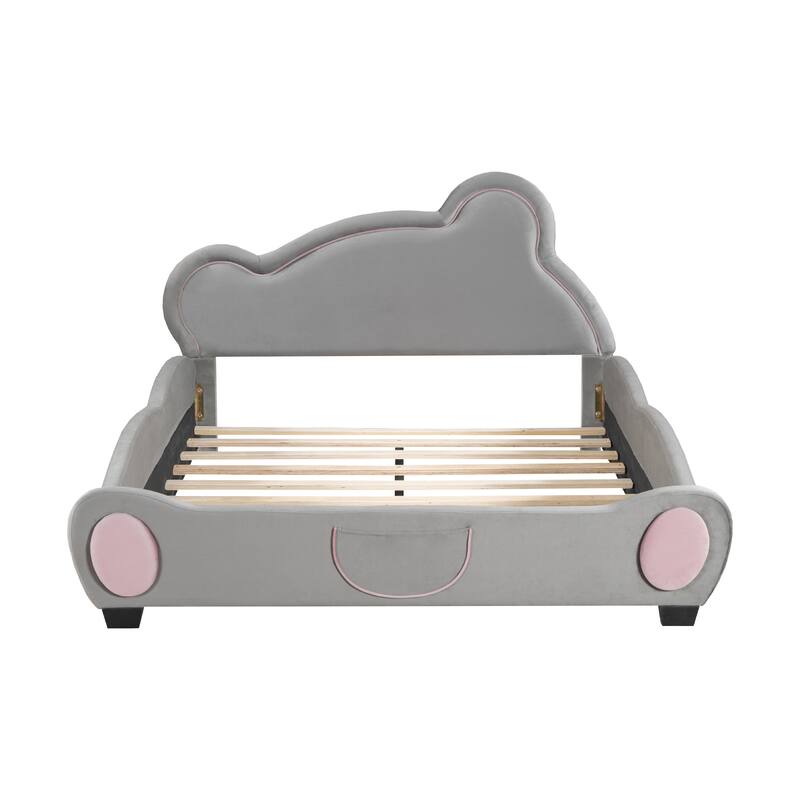 Full Size Velvet Bed with Bear-Shaped Headboard and Storage Pockets - Cozy, Fun, and Practical for Children's Bedrooms