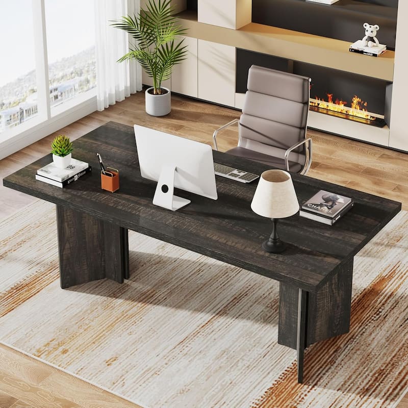 63-inch Wood Executive Desk with Large Tabletop, Vintage Home Office Computer Desk for Office - Black
